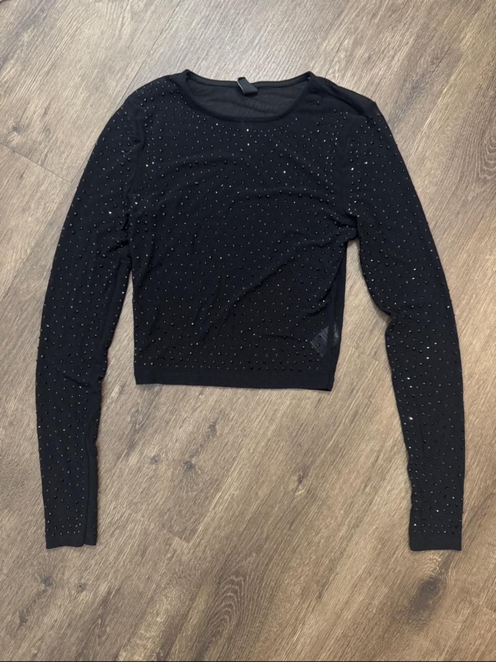 Black Long-Sleeve Rhinestone Sheer Crop Top - Unbranded